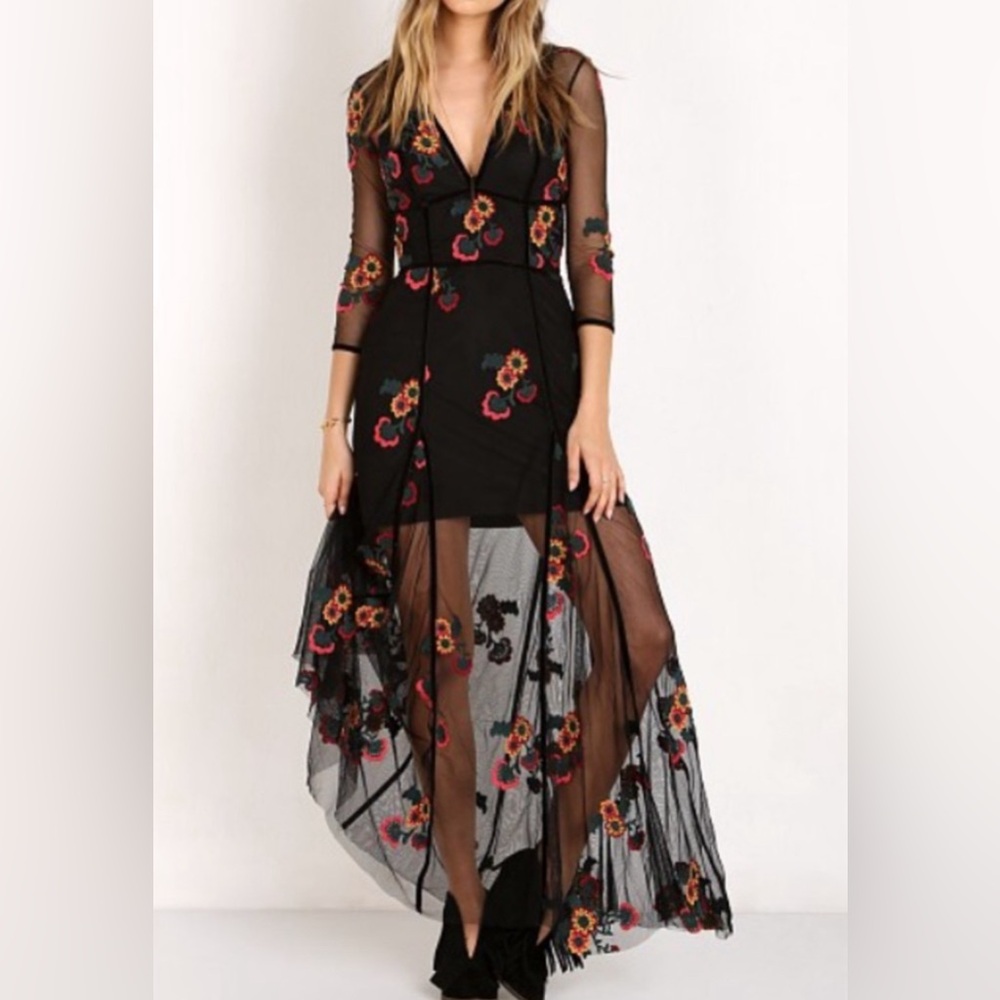 For Love and Lemons Elenora Black Embroidered Mesh dress with flowers , size s